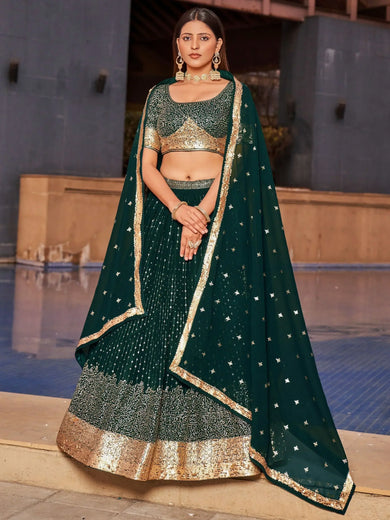 Stunning Green Sequins Georgette Reception Wear Lehenga Choli